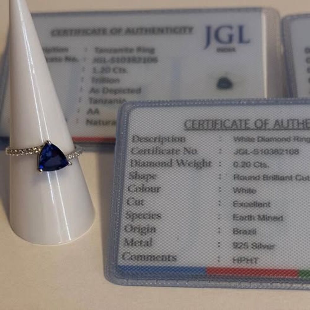 1.20 Cts Trillion Cut Tanzanite and 0.20 Cts Diamond 925 Silver Ring Size 8